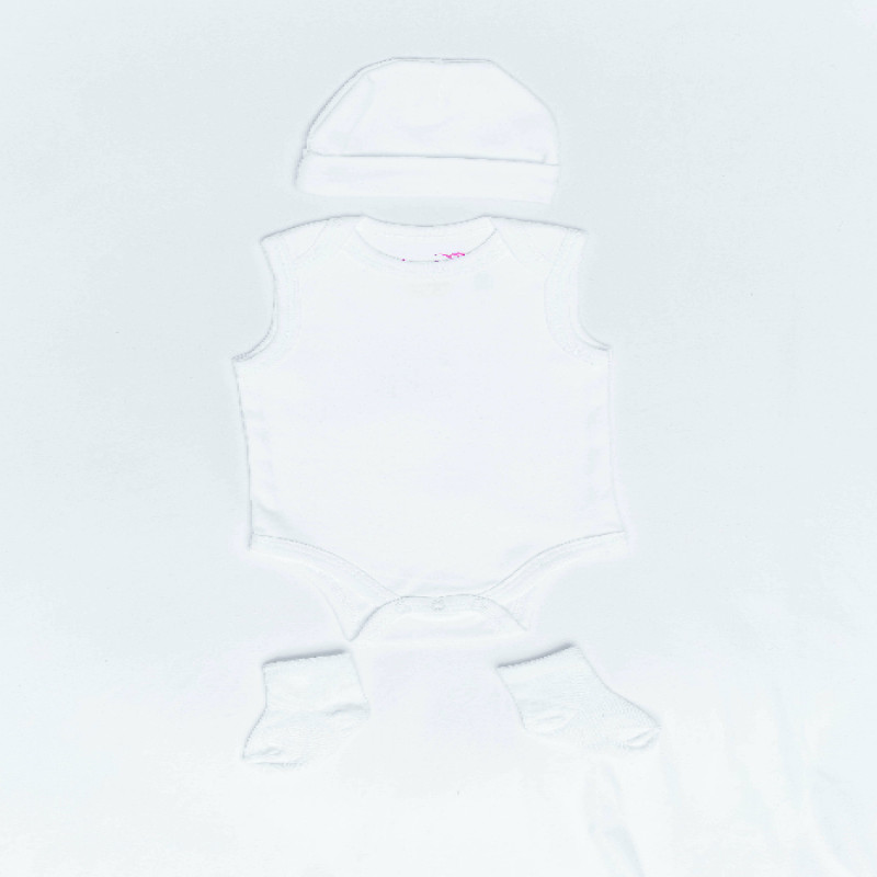 NEWBORN baby gift Set of Four White Sleeveless Onesie Pair of Gloves Pair of Socks Cotton Beanie